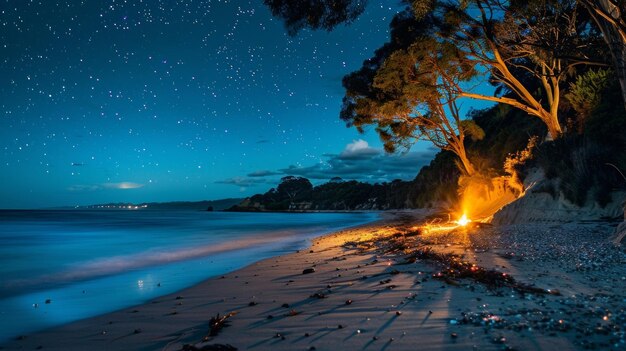 Photo la plage se transforme en un décor de conte de fées alors que la lumière bleu-vert du plancton projette un