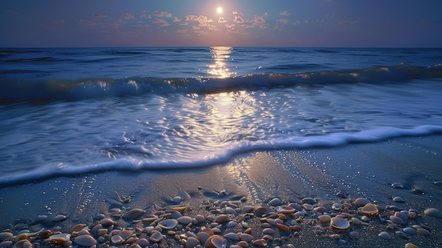 Une plage sereine avec du sable argenté et des coquillages éclairés par la lune lumineuse et une symphonie de doux