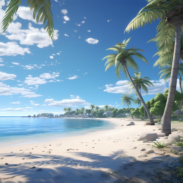 Une plage sereine avec des palmiers et un ciel bleu clair éclairé