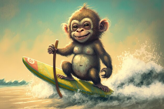 Sur la plage, le singe joyeux joue avec une planche de surf