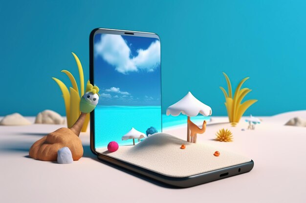 Plage de smartphone avec océan le concept d'achat en ligne de billets de vacances