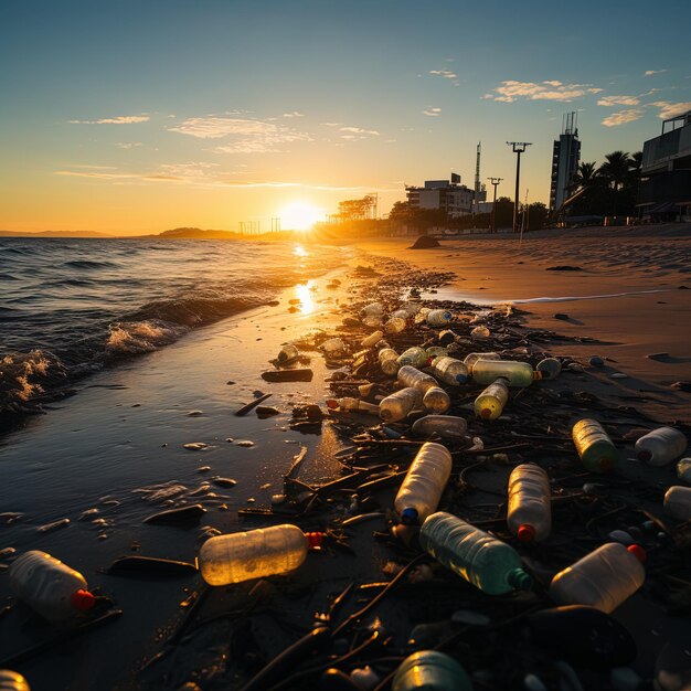 une plage avec un tas de bouteilles et le soleil qui se couche derrière eux