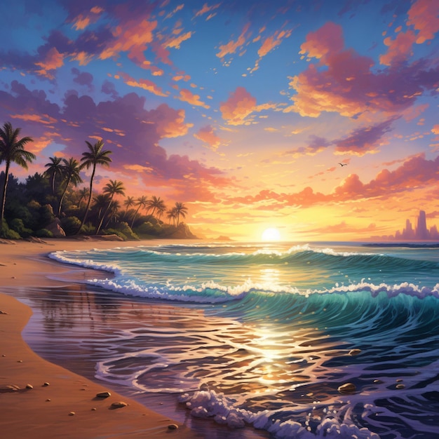 Une plage tranquille au coucher du soleil où l'océan rencontre le ciel