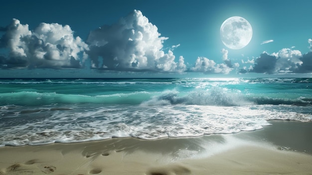 Une plage tranquille le bruit des vagues se mélangeant avec la douce lueur de la lune sur le sable