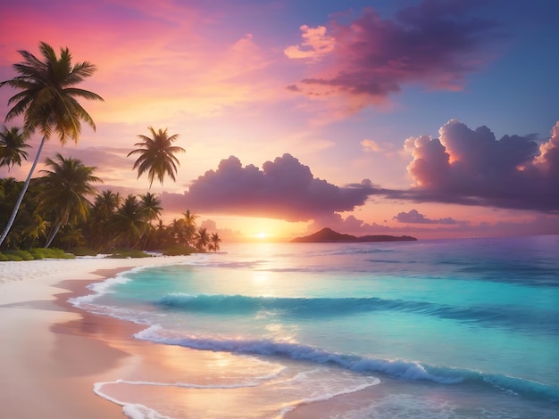 Une plage tranquille avec des palmiers, des eaux cristallines et un coucher de soleil coloré