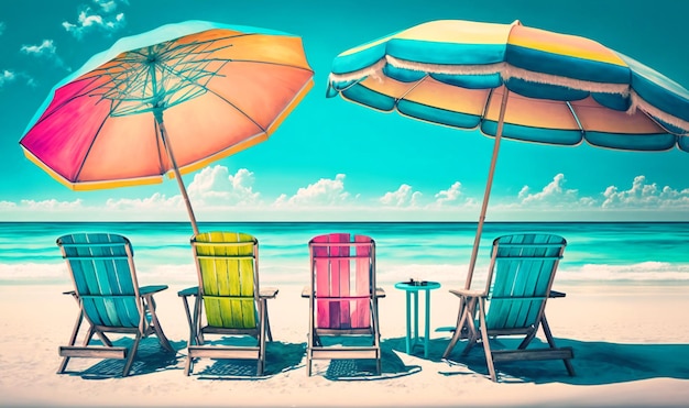 Une plage tropicale animée avec des chaises de plage, des parasols et d'autres accessoires de bronzage définissent la mer et le ciel bleus, l'escapade parfaite pour les vacances d'été