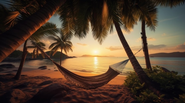 Une plage tropicale au coucher du soleil avec un hamac sous un palmier Generative AI