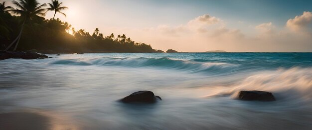 Photo plage tropicale au coucher du soleil seychelles mahe