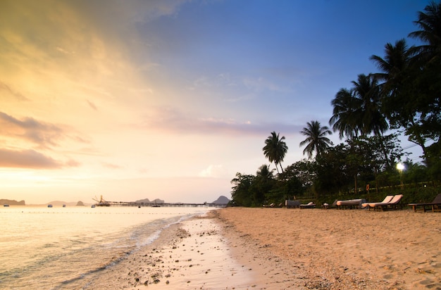 plage tropicale au coucher du soleil