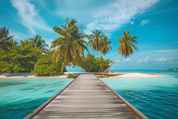 plage tropicale aux Maldives avec quelques palmiers et un lagon bleu
