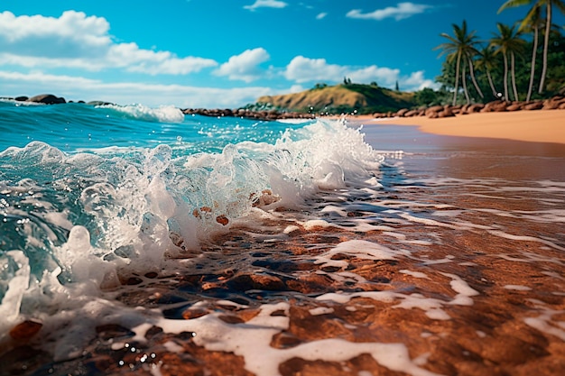 Plage tropicale belles vagues et mer bleue en journée ensoleillée ai générative