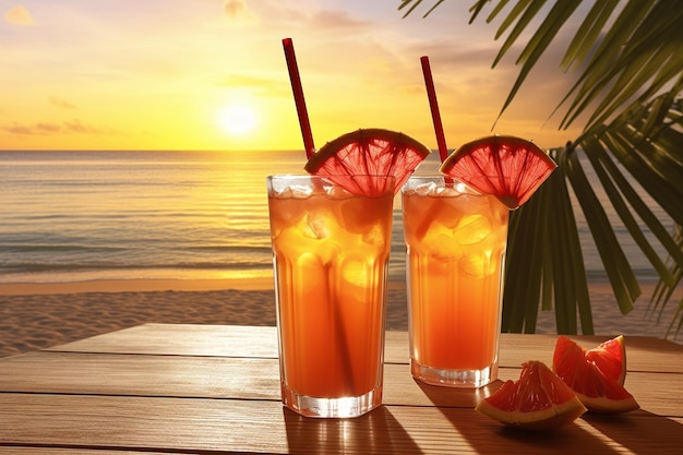 Une plage tropicale avec des cocktails au coucher du soleil