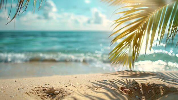 Plage tropicale avec du sable doré, du feuillage de palmier et des reflets bokeh par une journée ensoleillée