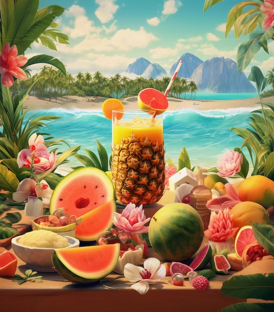 plage tropicale ensemble photo d'art dans le style de nature morte publicités illustrées générative ai