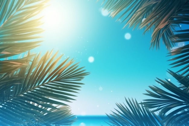 Plage tropicale avec des feuilles de palmier sur fond de ciel bleu