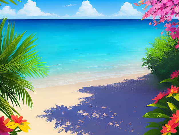 Plage tropicale avec fleurs et palmiers sur la plage