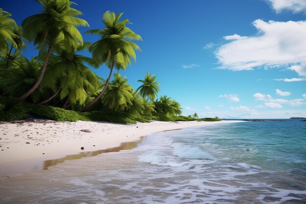 Une plage tropicale avec une île et des palmiers sur le sable