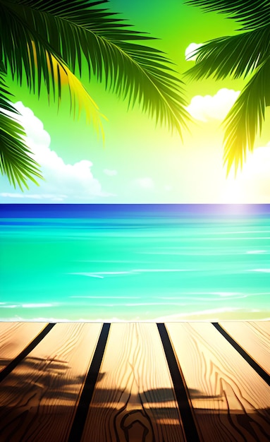 Photo une plage tropicale avec une jetée en bois et un palmier vert à l'horizon.