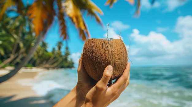 Plage tropicale avec des mains tenant une noix de coco remplie d'eau de coco hydratante