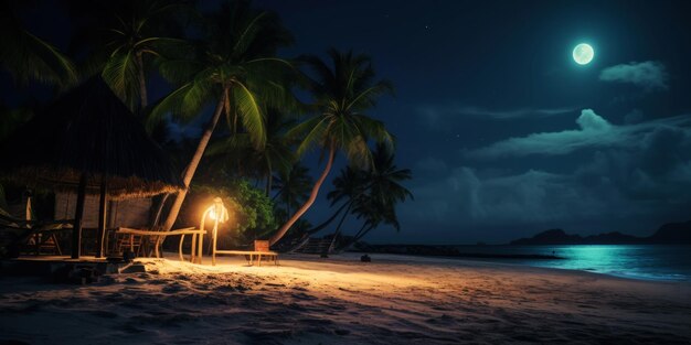 Plage tropicale la nuit avec des palmiers et des bungalows paysage marin IA générative