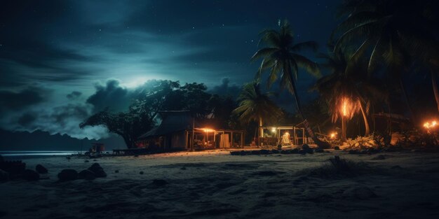 Plage tropicale la nuit avec des palmiers et des bungalows paysage marin IA générative