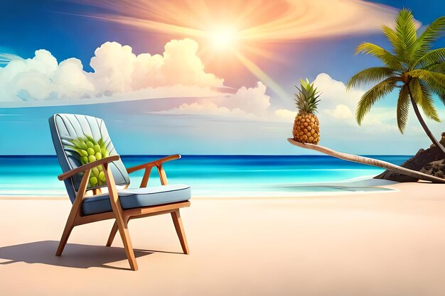 Une plage tropicale avec un palmier et une chaise de plage.