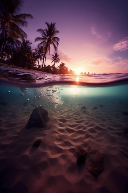 Une plage tropicale avec des palmiers et le ciel au coucher du soleil