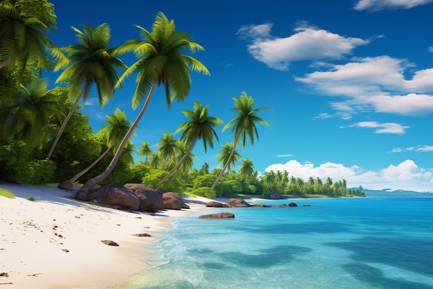 Une plage tropicale avec des palmiers et un ciel bleu