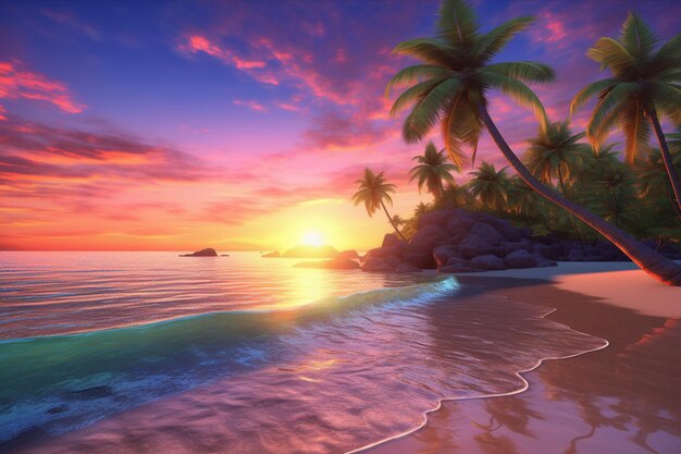 Une plage tropicale avec des palmiers et le coucher du soleil