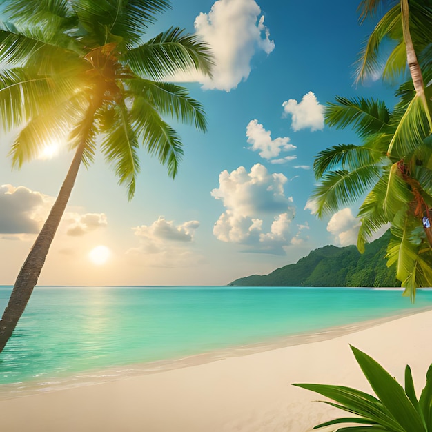 une plage tropicale avec des palmiers et un coucher de soleil en arrière-plan