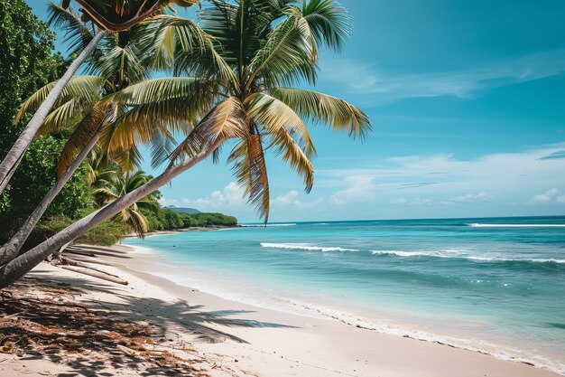 Une plage tropicale avec des palmiers et de l'eau bleue claire sous un ciel ensoleillé