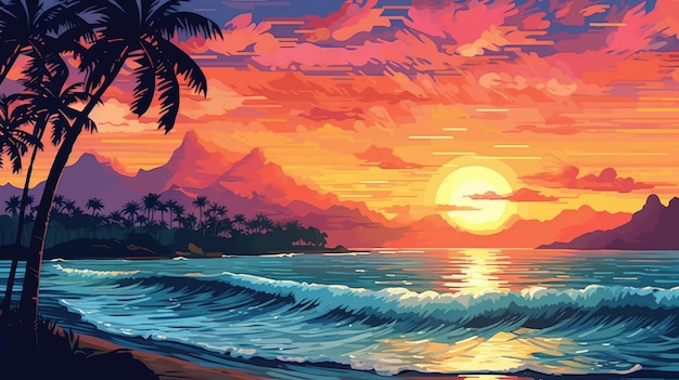 Plage tropicale avec palmiers et illustration vectorielle coucher de soleil