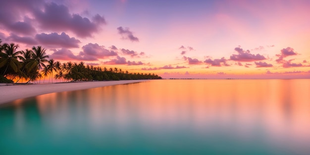 Plage tropicale panoramique au coucher du soleil avec des palmiers IA générative