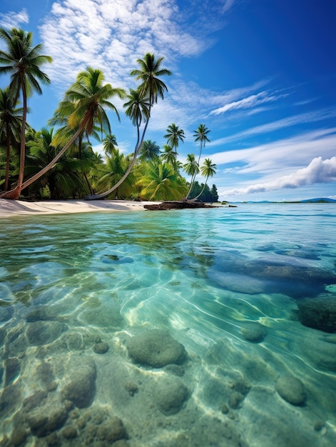 Une plage tropicale sur une petite île avec des palmiers