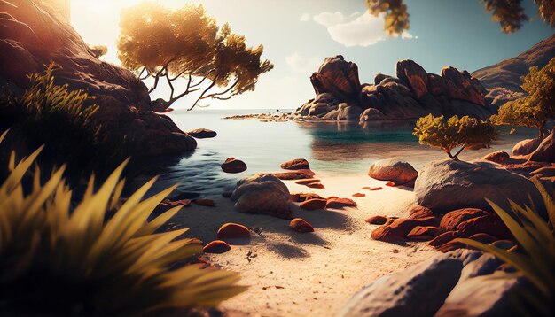 Plage tropicale avec des pins au coucher du soleil générative ai