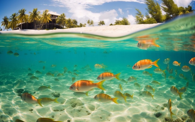 Une plage tropicale avec des poissons sous l'eau