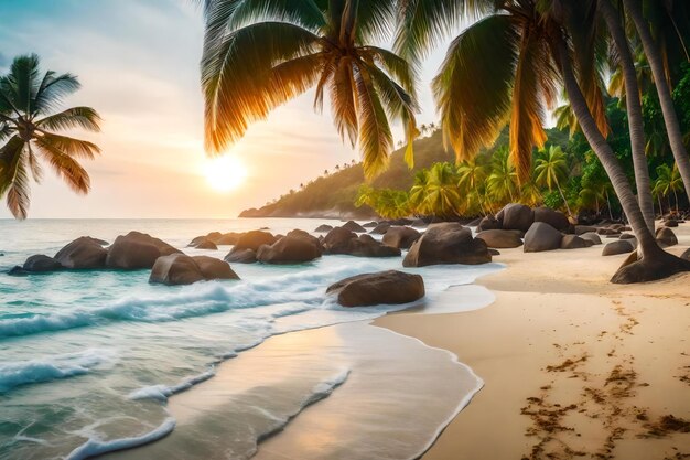 Plage tropicale avec rochers et palmiers sur la plage