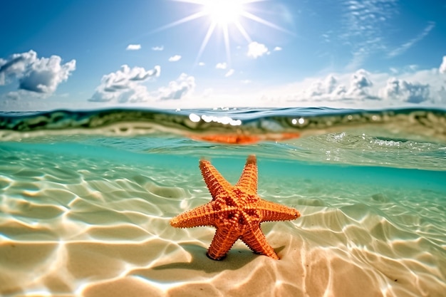 Plage tropicale de sable avec île sur fond avec étoile de mer Ai générée