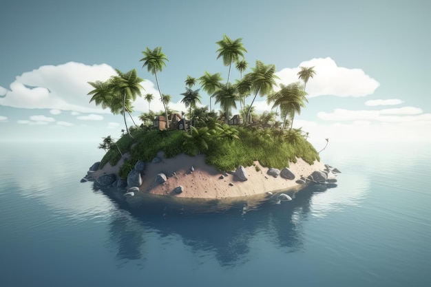 Plage tropicale de sable avec petite île en arrière-plan Illustration de l'IA générative