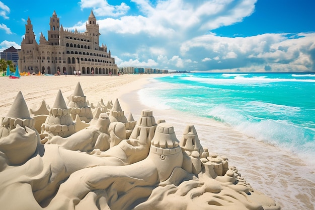 Une plage tropicale avec des sculptures de sable