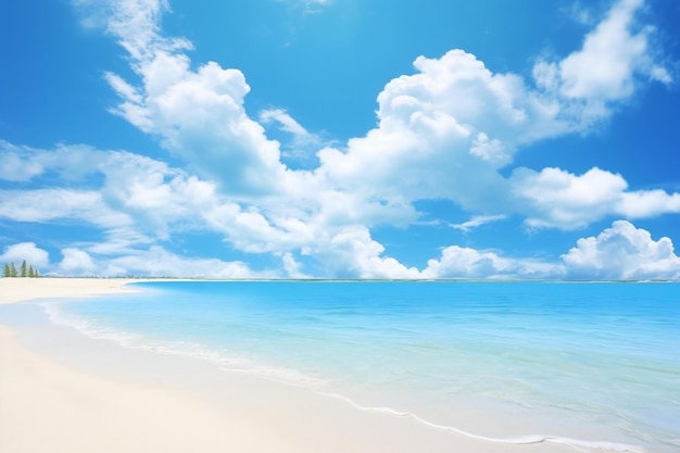 Une plage tropicale sous le ciel bleu avec des nuages blancs et du sable blanc.