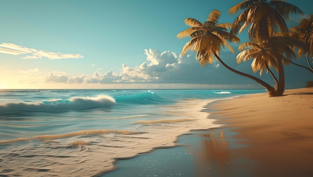 Une plage tropicale tranquille avec du sable doré et des palmiers au coucher du soleil une destination de vacances parfaite un concept de paysage relaxant AI