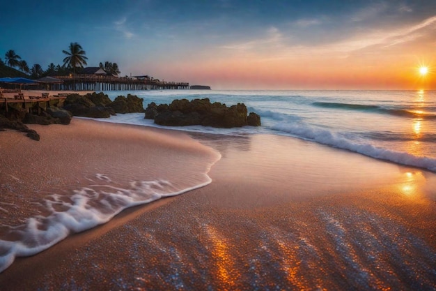 Photo une plage avec une vague qui dit mer sur le sable