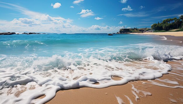 Photo une plage avec une vague qui est sur le point de s'écraser dans le sable