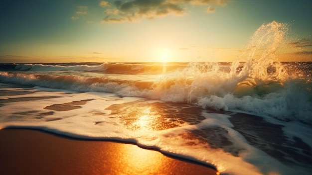 Une plage avec des vagues et le coucher du soleil