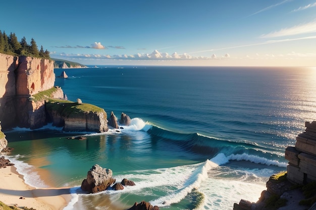 Une plage avec des vagues et un phare à l'horizon