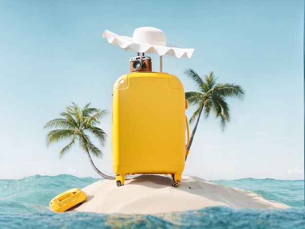 Plage avec une valise géante sur une île flottante 3D