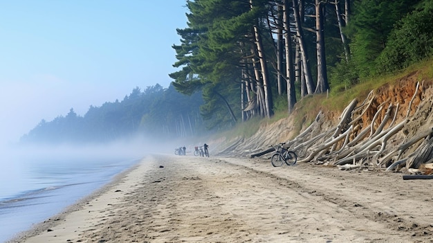 une plage avec un vélo sur le sable et une forêt en arrière-plan