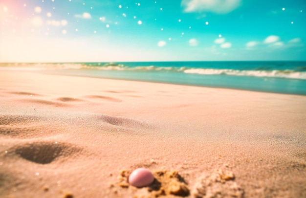 Une plage vide est représentée avec un ciel bleu clair et du sable