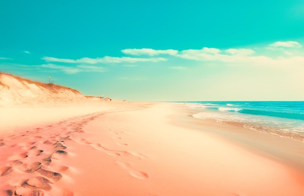 Une plage vide est représentée avec un ciel bleu clair et du sable